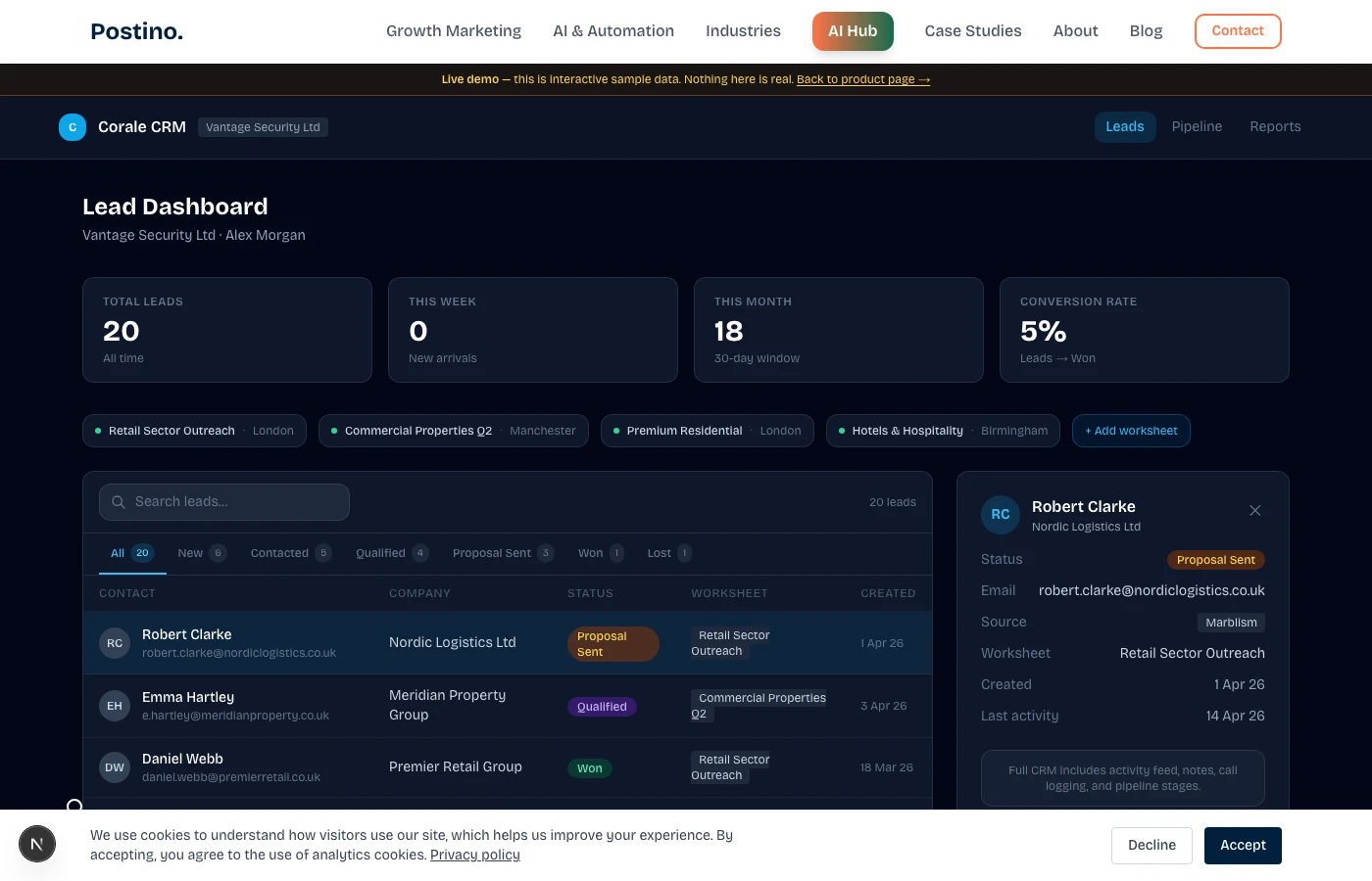 Stan AI employee generating leads in Marblism workspace — export CSV to Corale CRM